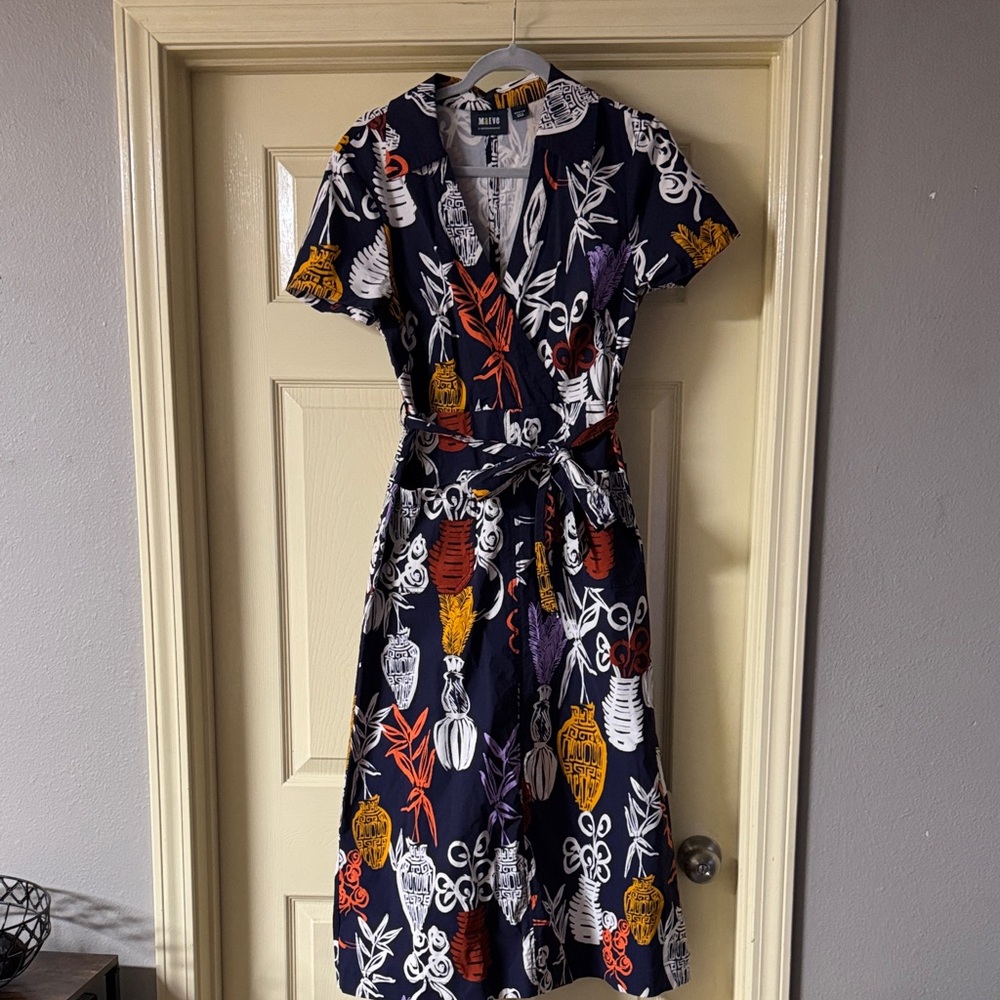 Maeve by Anthropologie Short Sleeve Tie-Waist Multicolor Floral Print Dress Sz M